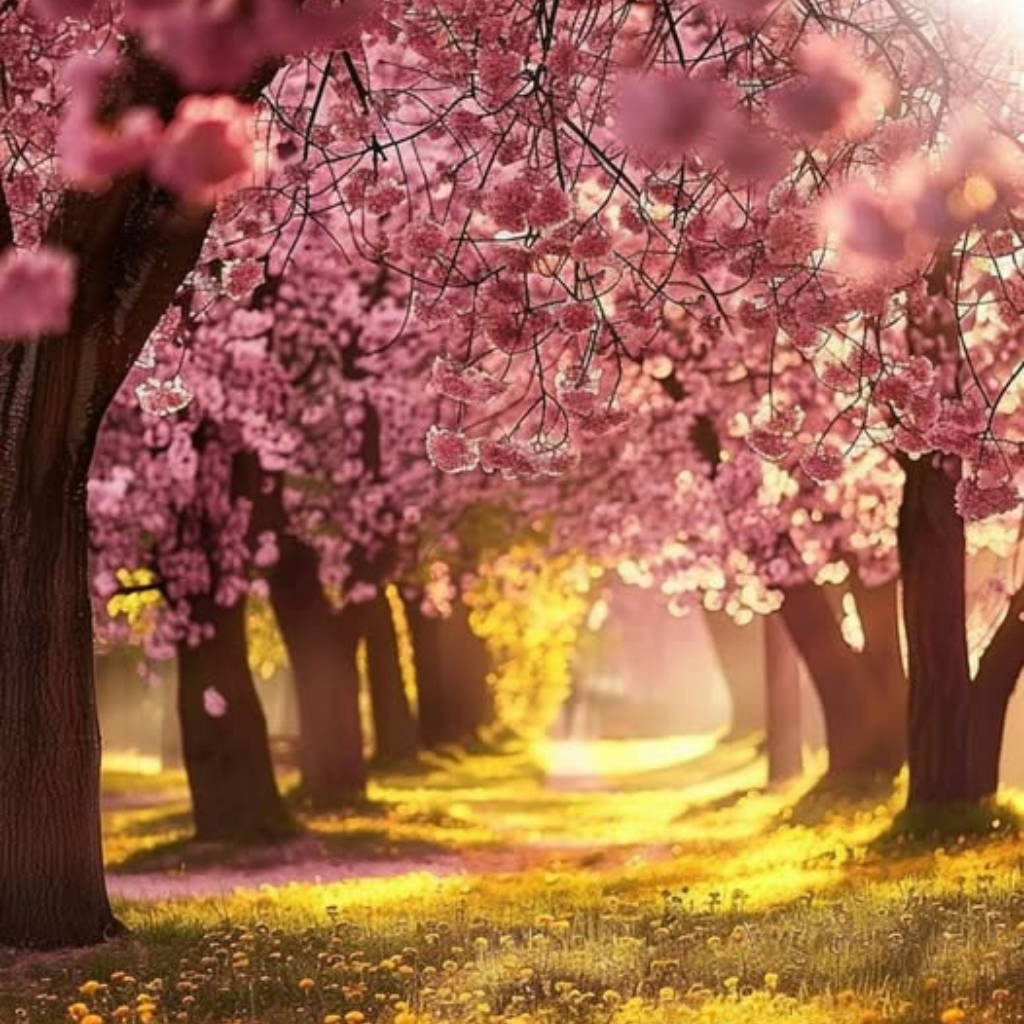 Foret arbre en fleurs Forêt de cerisiers roses en fleurs sous un ciel dégagé, symbole de renaissance, douceur et espoir, en écho au parcours de rémission et de coaching au féminin près de Gaillac et Albi